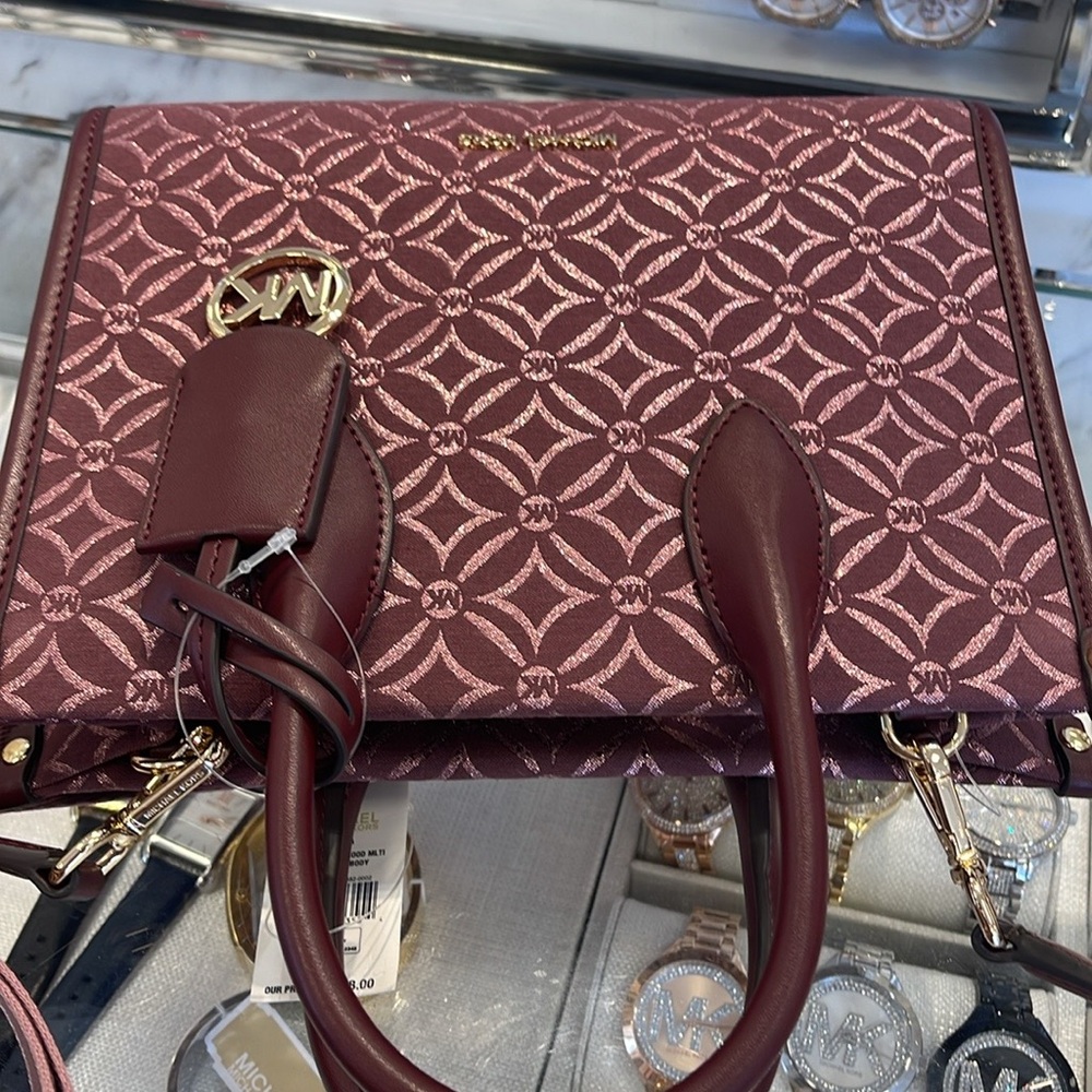 Michael Kors Mirella Small Metallic Logo Jacquard Crossbody Bag Oxblood Multi - Picture 13 of 16